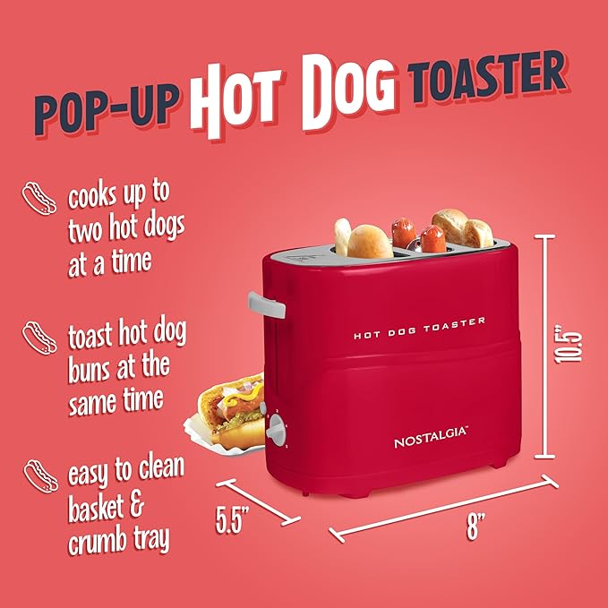 Nostalgia Retro Pop-Up Hot Dog Toaster, 2 Link and 2 Bun Capacity, With Mini Tongs, Works With Chicken, Turkey, Veggie Sausages and Brats