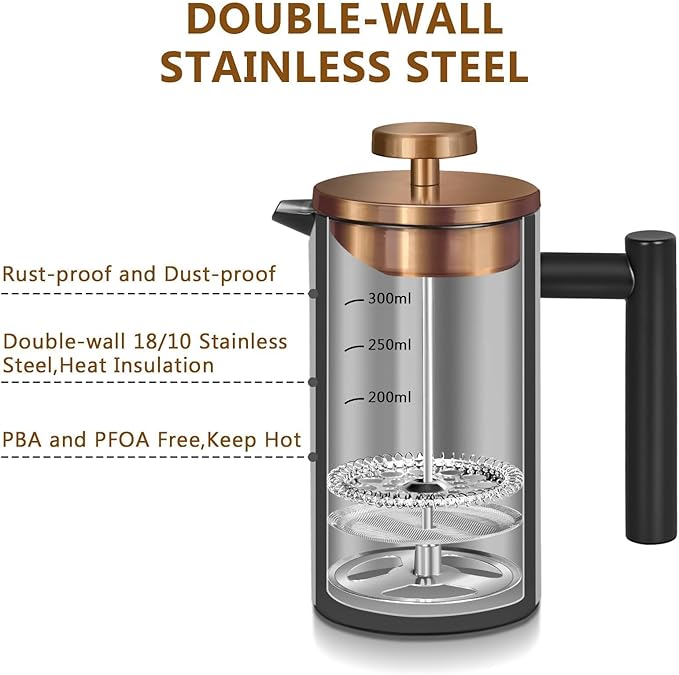 Black Mini French Press Coffee Maker 12oz, Single Cup French Press with Rose Gold Lid, 3 Extra Filters & 1 Gold Spoon(350ml Compact Travel Size) Dishwasher Safe