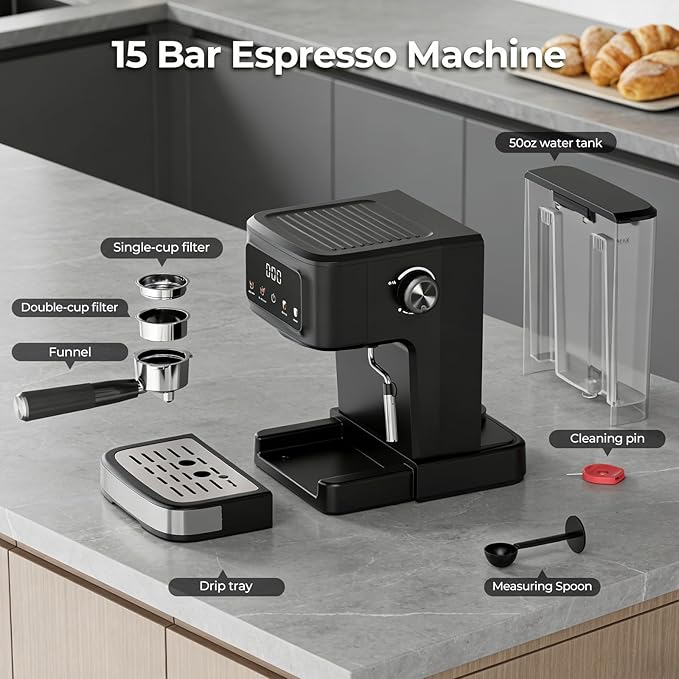 15 Bar Espresso Machine with Milk Frother, Digital Espresso Coffee Maker for Home, 50oz Removable Tank, 45s Quick Heat, Coffee Maker for Cafe-Quality Lattes & Cappuccino