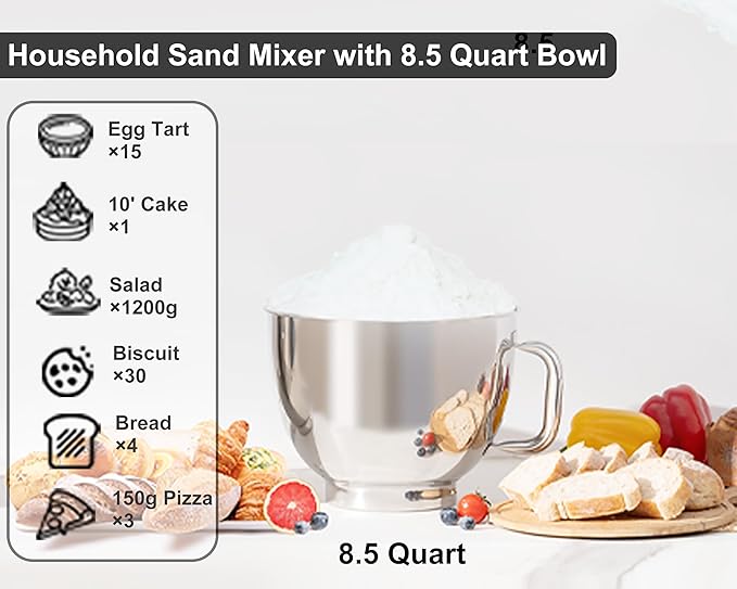 Kitchen in the box Stand Mixer - 8.5 Quart Mixing Bowl with Handle, 900 Watt Heavy Bread Dough Standing Mixers Tilt-head with Dough Hook, Whisk, Flat Beater and Splash Guard (Black)
