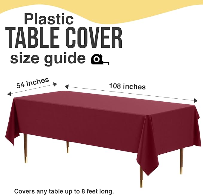 Exquisite 66% Thicker Premium Plastic Table Cloth Rectangle Table Cover 0.5 Mil 12 Pack Burgundy Table Cloth 54 Inch x 108 Inch Disposable Tablecloth Won't Tear Easily Like Cheap Thin Brands