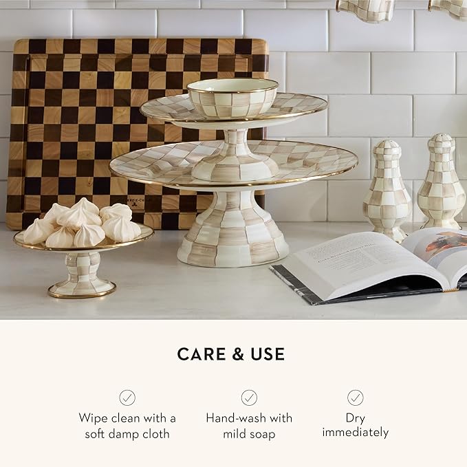 MACKENZIE-CHILDS Enamel Pedestal Platter, Round Cake Stand, Large, Brown-and-White Mocha Check