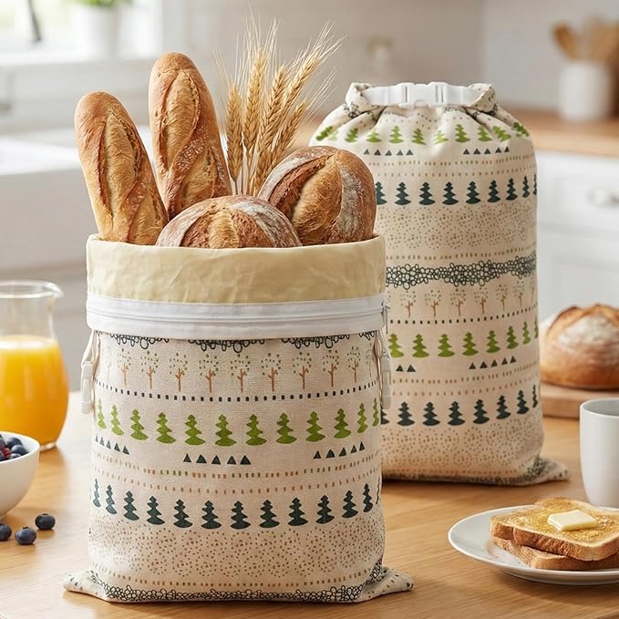 Reusable Beeswax Bread Bags-17"x13" Large Bread Bags for Sourdough & Homemade Cloth BreadBags Keeps Fresh Longer 2Pack (Tree Patterns) | Tree Pattern, Beeswax keep fresh, Large Size, Zipper, Snap-On