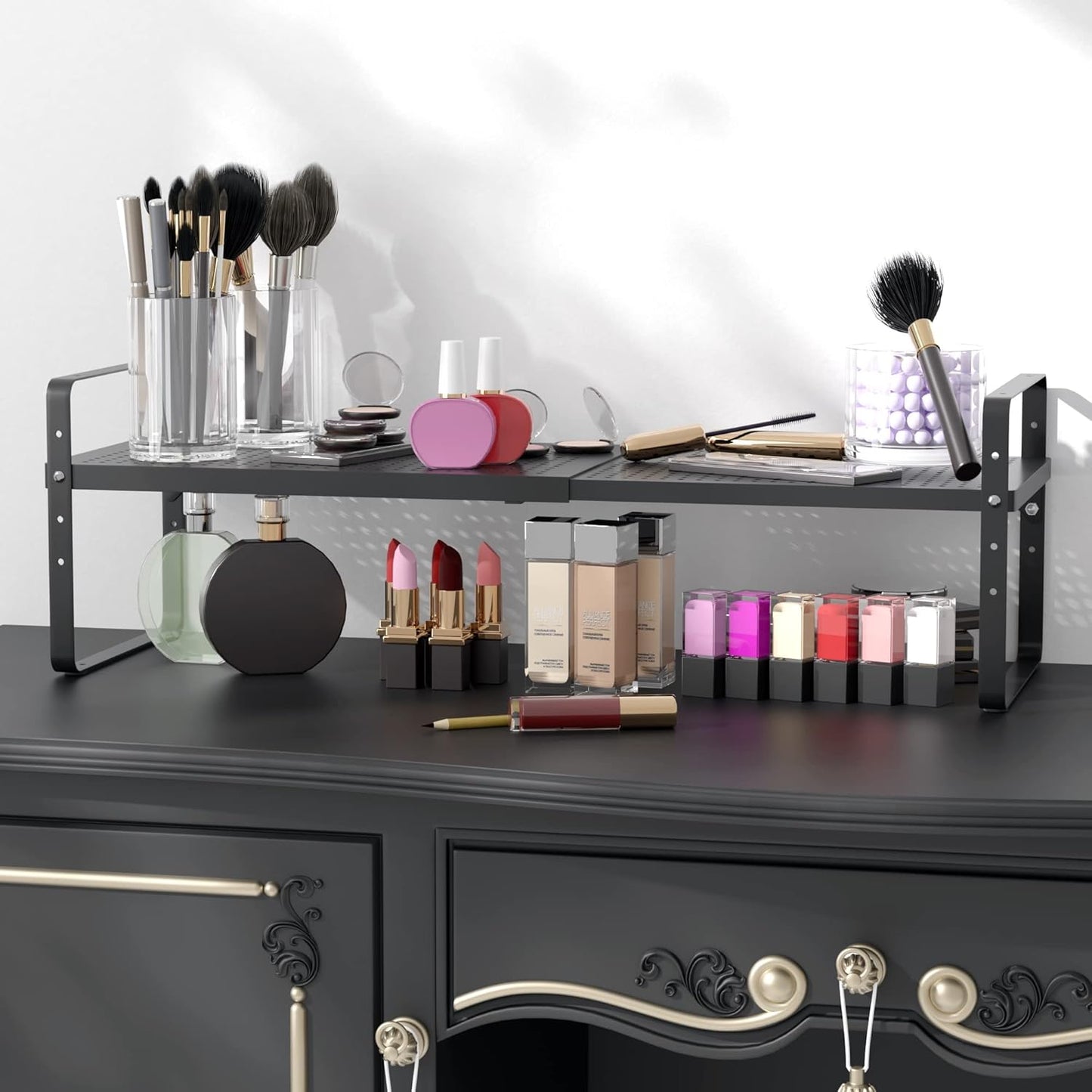 Expandable Cabinet Shelf Organizer Adjustable Metal Spice Rack Stackable Freestanding Counter Storage Shelves for Kitchen Cabinet Under Sink Office Desk (Black - 2Pack - L16.5-27'' * W8'' * H9.6'')