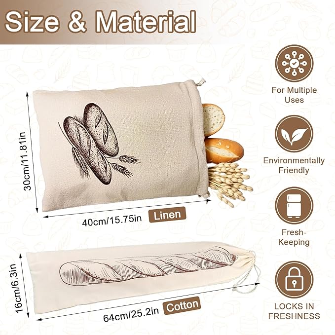 Reusable Storage Bread Bags-for Sourdough & Homemade Bread, Linen Cloth Bags w/TPU Keeps Fresh Longer