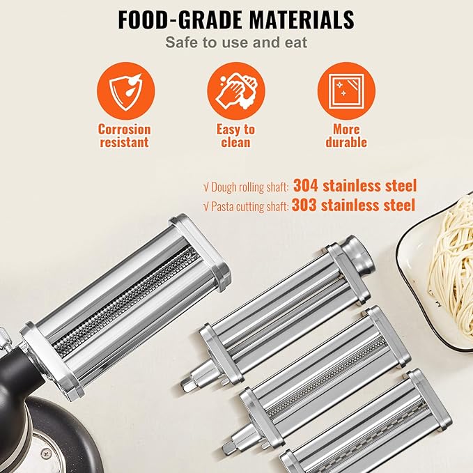 VEVOR Pasta Attachment for KitchenAid Stand Mixer, Stainless Steel Pasta Maker Attachment Includes Pasta Sheet Roller, Spaghetti Cutter, Fettuccine Cutter, 8 Adjustable Thickness Knob Pasta Maker 3Pcs
