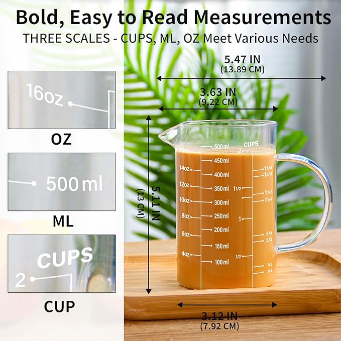 77L 3 Pack Glass Measuring Cup Set (1 1/4, 2 & 4 Cup) [Insulated handle, V-Shaped Spout], High Borosilicate Liquid Glass Measure Cup for Kitchen, Easy To Read, Dishwasher, Freezer, and Microwave Safe