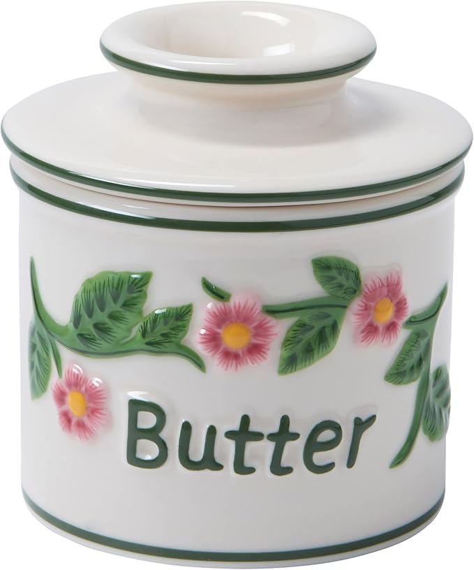 Butter Bell - The Original Butter Bell crock by L Tremain, a Countertop French Ceramic Butter Dish Keeper for Spreadable Butter, La Fleur Collection (Hand Painted Raised Floral)