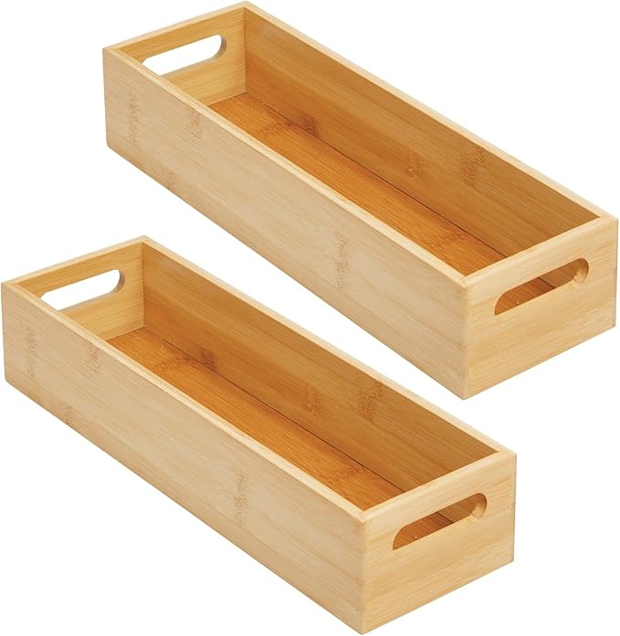 mDesign Set of 2 Kitchen Storage Box – Open-Top Bamboo Storage Tray with Handles – Ideal for Use as a Cupboard Organiser or on The Shelf – Natural