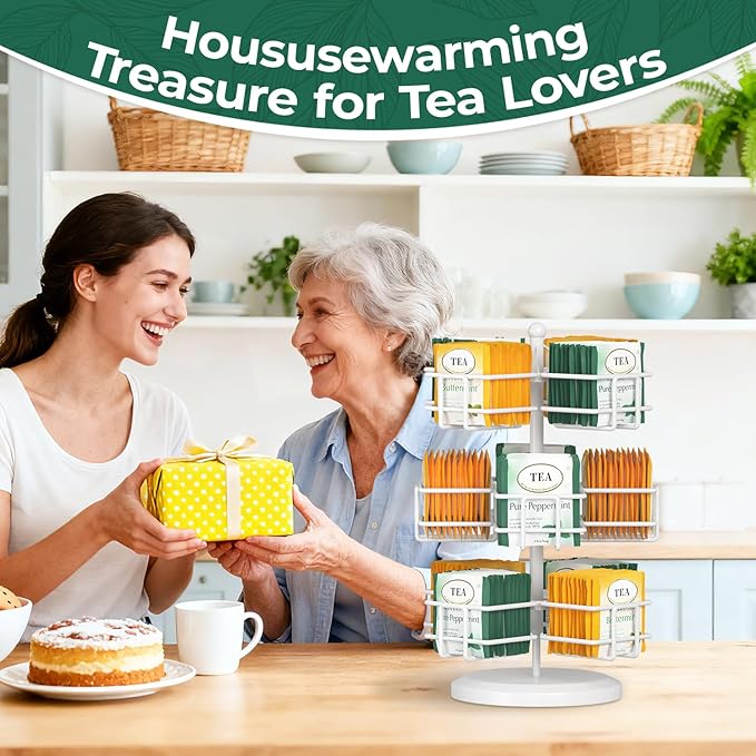 EsLuker.ly Tea Bag Holder Organizer for Counter 3 Tier Metal Tea Bag Storage Rack, Spinning Carousel Tea Packet Display Stand, Tea Organizer Station with Easy Access for Kitchen Office, White