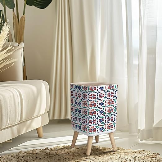 Small Trash Can with Lid Mexican vintage talavera tiles seamless pattern theme Fashionable Red Wastebasket with Press Cover Dog Proof Garbage Can Waste Bin for Kitchen Bathroom Nursery 2.6 Gallon