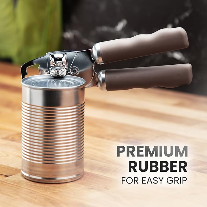 Zulay Kitchen Heavy Duty Stainless Steel Can Opener Manual with Bottle Opener - Rust Proof Manual Can Opener With Turn Knob & Comfy Soft Grip Handles - Brown