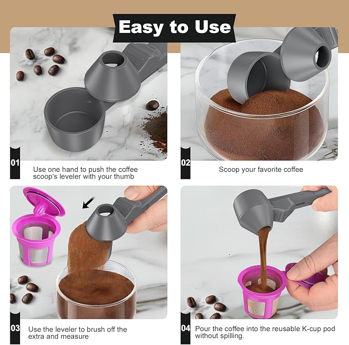Coffee Scoop & Funnel for Reusable K Cup Refillable Coffee Pods, Coffee Measuring Spoon 2 Tablespoon Capacity, Scoop with Funnel for Ground Coffee, Protein Powder, Tea (Grey, 2 Pack)