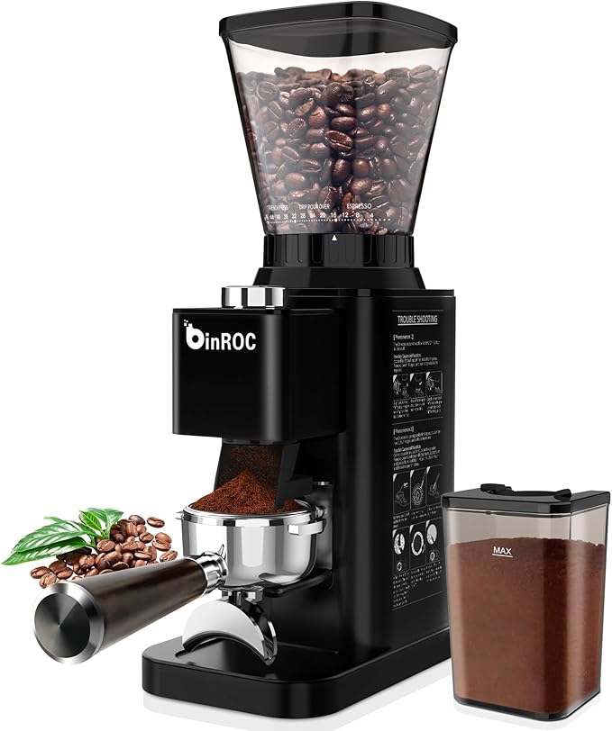 Electric Conical Burr Coffee Grinder with 48 Grind Settings, 35s Timer, Detachable 48-51mm Portafilter Holder, Anti-Static, Low Noise for Home Espresso, Drip, French Press (Black)