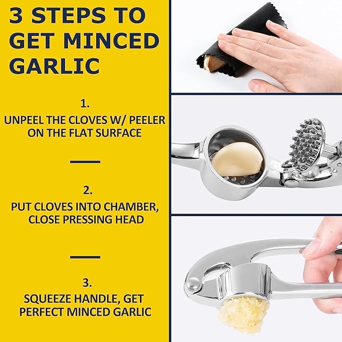 Premium Garlic Press Stainless Steel - Elevate Your Culinary Experience with Our Premium Garlic Mincer, Crusher & Peeler Set, Dishwasher Safe & Rust-proof (Silver)