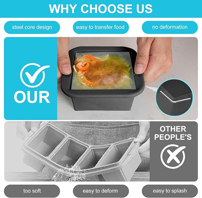 Silicone Freezer Tray with Lid 4 Pack Silicone Freezer Molds Ice Cube Tray Makes 4 Perfect 2 Cup Portions Soup Cubes Meal Prep Containers- Oven & Dishwasher Safe