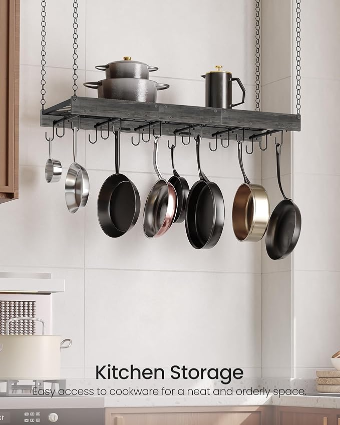 CHOEZON Hanging Pot Rack, 35.4" L x 13" W Ceiling Pot Hanger, Industrial Style Pot Rack, Wall Mounted Pot Hanger for Kitchen, Pot and Pan Hanging Rack, with Hooks, Charcoal Black and Black TPR12BCC1