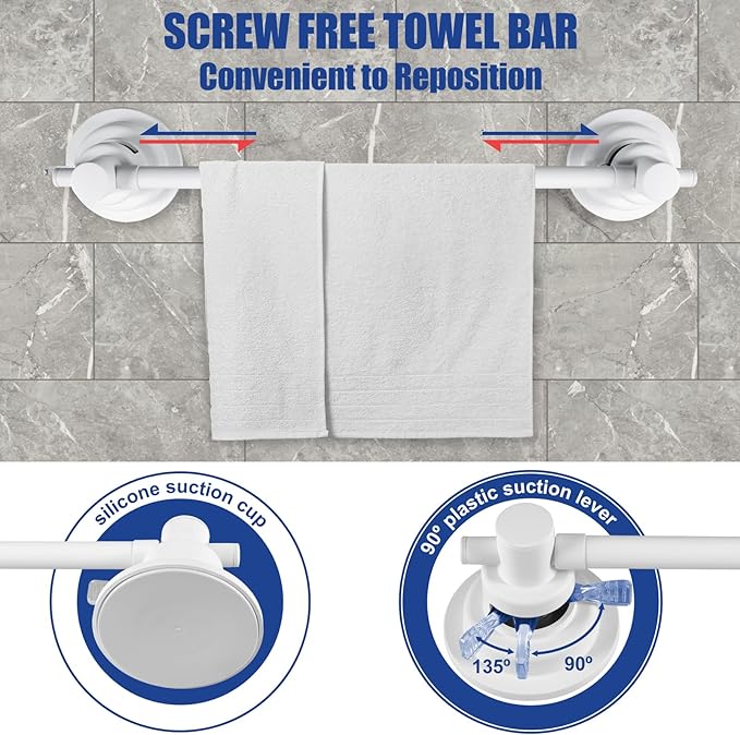 SLIIMU Suction Cup Towel Bar for Shower with 5 Hooks, 17-28 Inch Adjustable Long Bathroom Wall Washcloth Rack,Extendable Glass Shower Door Suction Rag Holder,Towel Rod for Bath Kitchen (White)