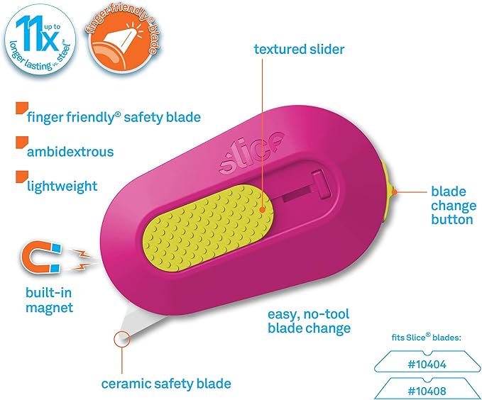 Slice Mini Box Cutter | Manual Retracting | Safe Ceramic Box Cutter Lasting 11x Longer than Metal | Box Opener | 1 Pack | Fuchsia