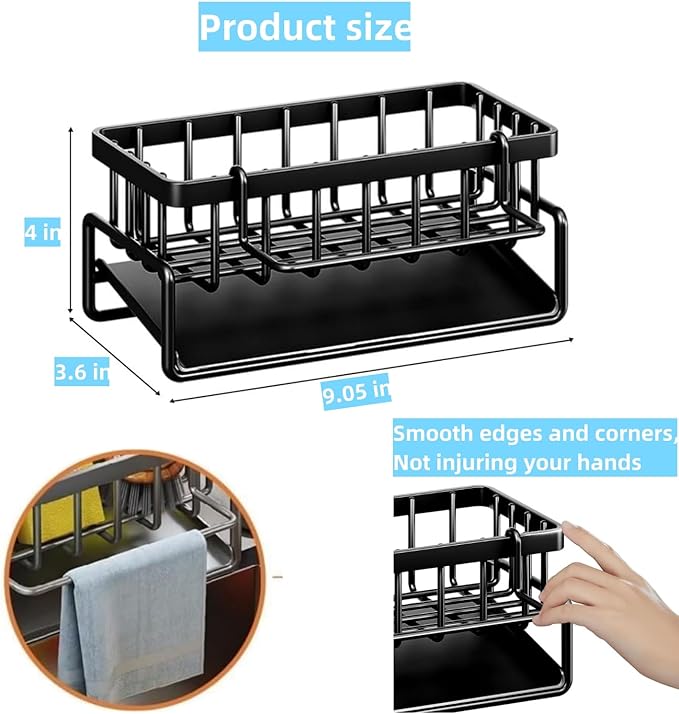 Sponge Holder for Kitchen Sink, Kitchen Sink Caddy Rustproof 304 Stainless Steel Dish Sponge Organizer with Detachable Dishcloth Rack Bathroom Organizer Dish Soap Dispenser Brush Holder Storage