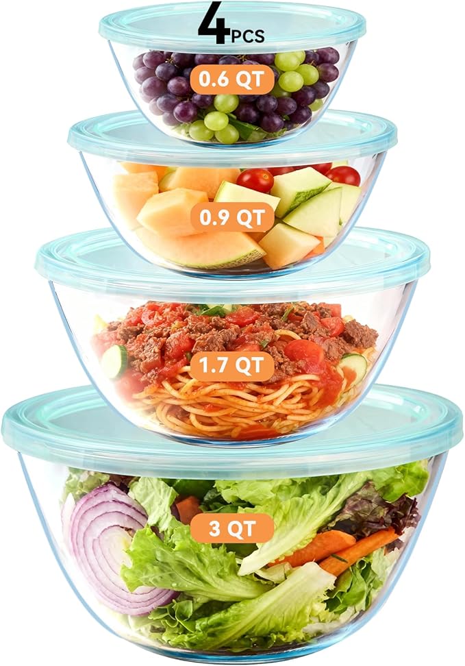 YUANYE 4 Pack Glass Mixing Bowls with Lids Set (3/1.7/0.9/0.6QT),Thick Glass Large Salad Bowl Set, Nesting Kitchen Bowls for Serving, Prepping, Cooking and Baking, Dishwasher, Oven,Microwave Safe