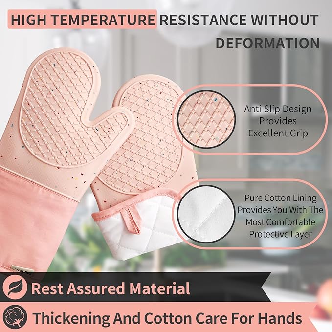 Pink Oven Mits, Heat Resistant, Non-Slip Grip Pattern, Baking Gloves for Oven, Kitchen Pot Holders,1 Pair