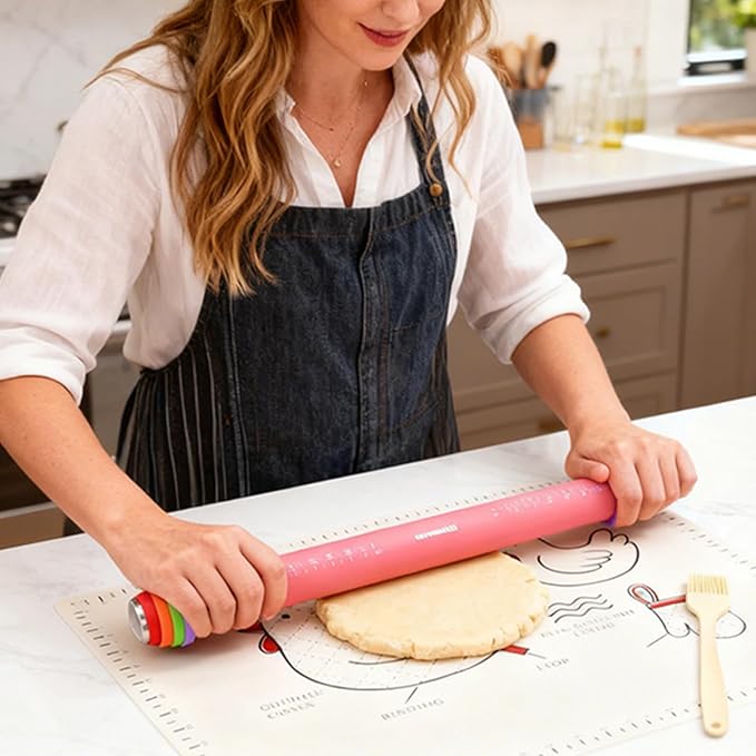 3Pcs Adjustable Rolling Pin Sets with Thickness Rings for Baking,Pastry Dough Roller with Silicone Mat and Brush,Non Stick Silicone Rolling Pin for Dough Cookie Baking Supplies Kitchen Accessories