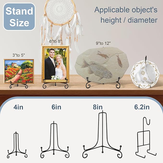 6 Pcs 3 Size Black Plate Stands for Display, 4 6 8 Inch Holder & Cup and Saucer Display Stand for Picture Frames, Book, Card, Mug Organizer, Bowl, Decorative Plates, Tablet, Art
