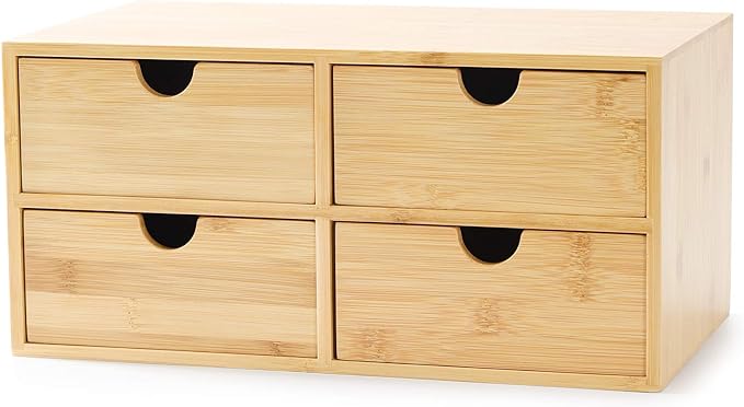 Wisuce Bamboo Desk Drawer Organizer, Desktop Organizer with Drawers Tabletop Storage Organization Box for Office Home Toiletries Supplies Vanity, No Assembly Required(4 Drawes)