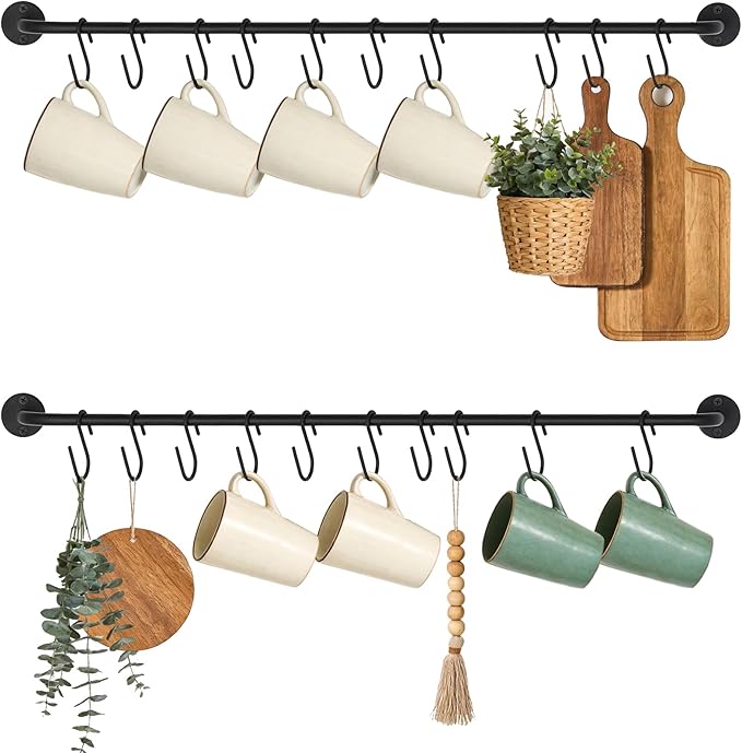 Mkono Mug Holder Wall Mounted Coffee Cup Rack Hanger Modern Metal with 20 Mug Hooks Rustic Utensil Tea Cups Storage Organizer for Kitchen Dining Room Coffee Bar, Set of 2, Black