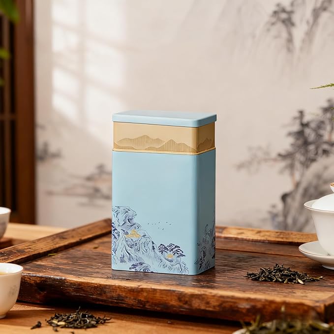 HAN SHENG Tea Canister, Airtight Storage Tin for Loose Leaf Tea & Bags, 8-Inch Decorative Metal Container with Oriental Mountain Design, Blue