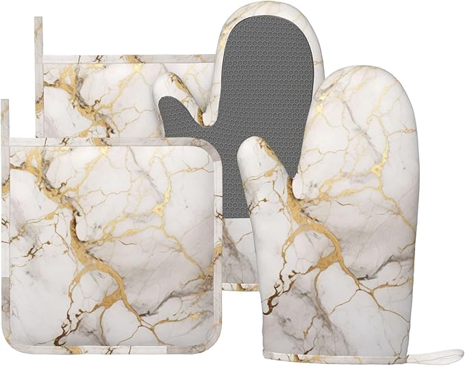 Oven Mitts and Pot Holders Marble Gray Gold White Silicone Kitchen Accessories Set of 4 Heat Resistant Long Gloves Potholder Non-Slip Grip for Chef Cooking Baking Grilling BBQ