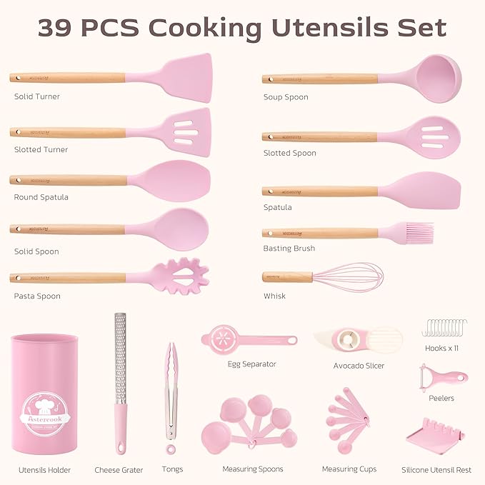 Astercook Kitchen Utensils set, 39 PCS Silicone Cooking Utensils Set with Wooden Handle, 446°F Heat Resistant Food Grade Utensil Sets, BPA Free Kitchen Gadgets Tools Set for Nonstick Cookware (Pink)
