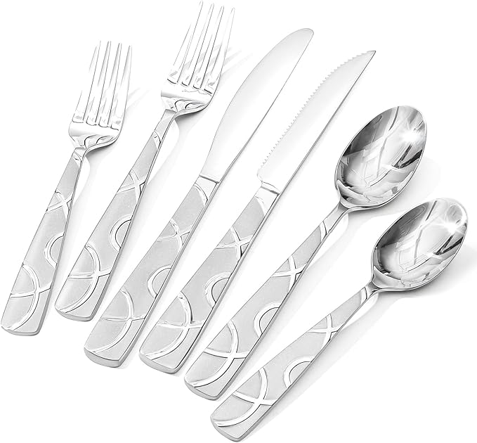 HIKAA 48PCS Stainless Steel Silverware Set with Steak Knives, Modern Flatware Set for Kitchen, Mirror Polished Cutlery Set with Forks, Spoons and Knives，Dishwasher Safe