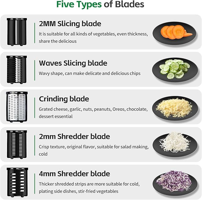 5-In-1 Electric Cheese Grater,300W Salad Maker,Electric Grater for Block Cheese,Kitchen Electric Food Slicer Shredder,Chopper for Vegetables Cucumber Carrots Cabbage Nuts(Black)