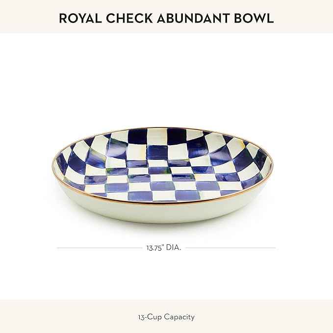 MACKENZIE-CHILDS Enamel Abundant Bowl, Decorative or Serving Bowl, 13-Cup Capacity, Blue-and-White Royal Check