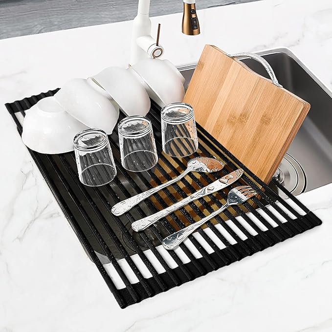 MERRYBOX 20.5" x 13" Roll Up Dish Drying Rack Silicone Wrapped Over The Sink Dish Drying Rack Multipurpose Foldable Sink Drying Mat, Heat-Resistant & Anti-Rust Dish Rack for Kitchen Sink, Large, Black