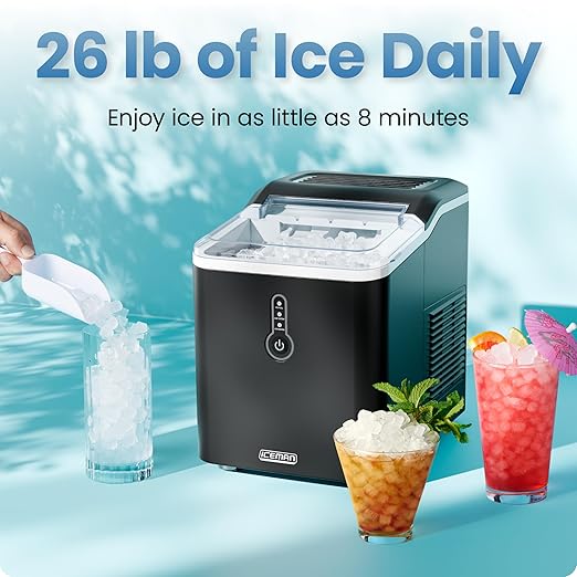 Iceman by Chefman Nugget Ice Maker Countertop, Pebble Ice Maker Machine, 26 lb in 24 Hours, Ready in 6 Minutes, Removable Ice Basket, Fun and Chewable Cubes, 1.5L Water Tank, Self-Cleaning Function