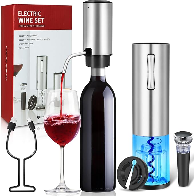VIDYSUFYR Electric Wine Opener with Electric Decanter and Aerator, Rechargeable Electric Wine Bottle Opener, Stainless Steel Wine Accessories with Foil Cutter, Electric Aerator, Vaccum Stopper
