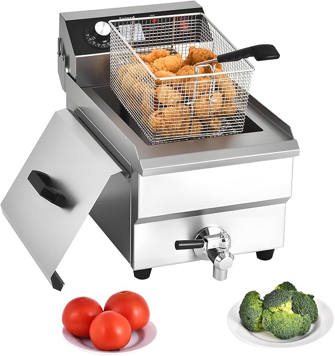 Deep Fryer with Basket for Home and Commercial Use, 1700w 16Qt 0.8mm Upgraded Stainless Steel Countertop Electric Fryer with Oil Valve and Oil Drainage System, Heavy Duty Oil Fryer