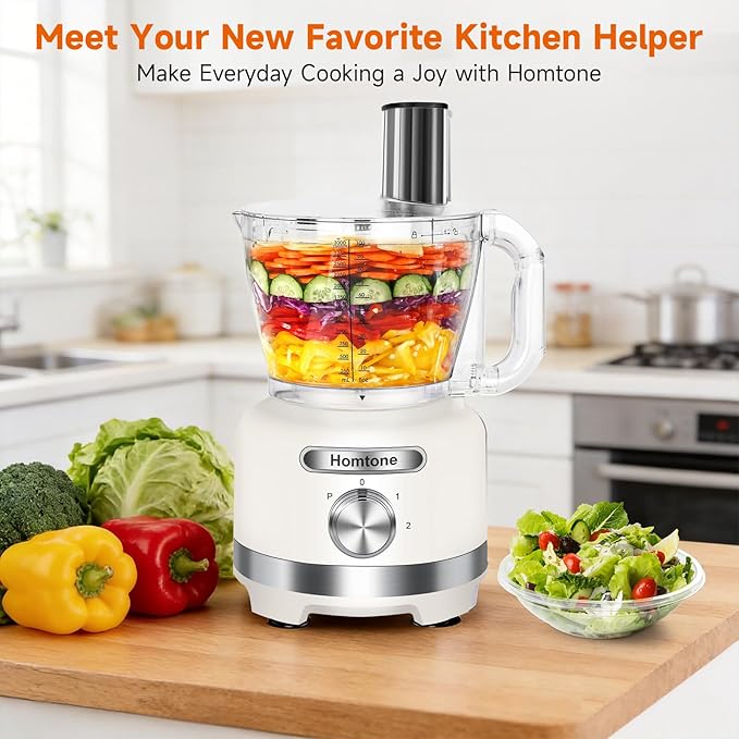 Homtone 16-Cup Food Processor, Heavy-Duty 9-Function Vegtable Chopper with 7 Blades & 3 Speeds for Dough Kneading, Meat Chopping, Slicing, Shredding & French Fry Cutting, Dishwasher Safe, White