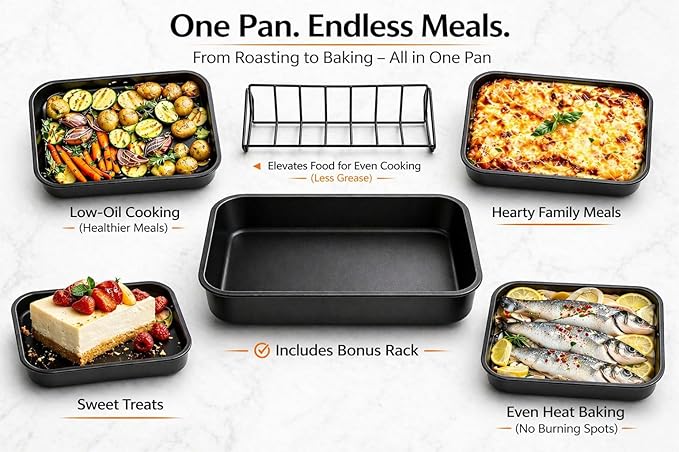 Moss & Stone 16.5” Roasting Pan with Rack – Heavy Duty Nonstick Carbon Steel Turkey Roaster, Large Rectangular Oven Pan with V-Rack, Bonus Carving Fork & Chef Knife