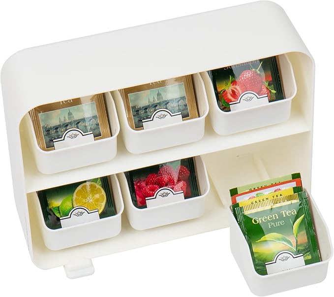 Mind Reader Tea Bag Organizer, Tea Station Organizer, Countertop Storage, Kitchen, Plastic, 10.25"L x 3.25"W x 7.75"H, White
