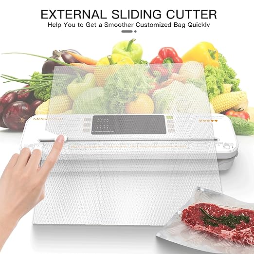 MEGAWISE Food Vacuum Sealer for Food Preservation, Freezer Storage & Meal Prep, Dry & Moist Modes, Built-in Cutter Compact, White