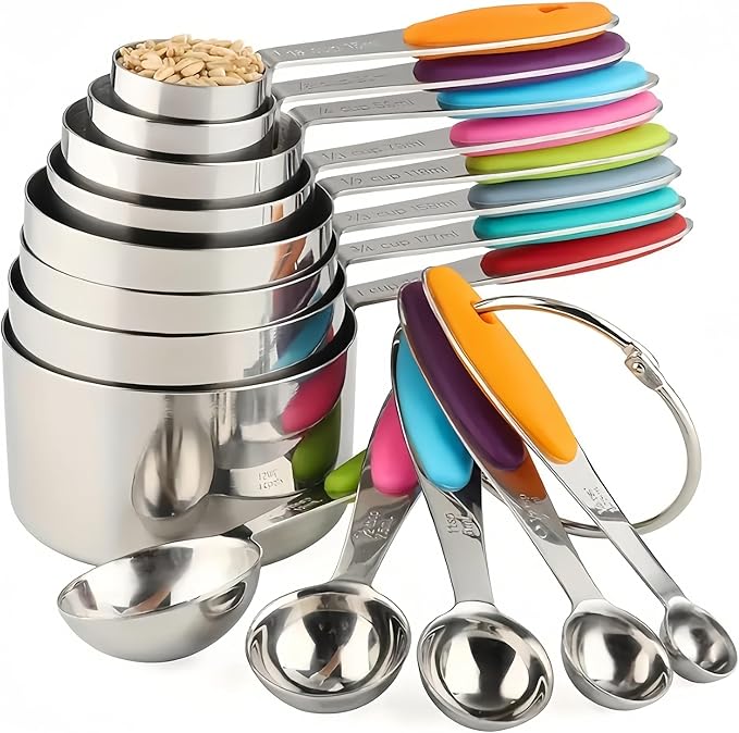 Measuring Cups and Spoons Set with Silicone Handle, Set of 13 Including Stainless Steel 8 Measuring Cups & 5 Measuring Spoons. Widely Used Cooking Baking Measurement as Kitchen Gadget.