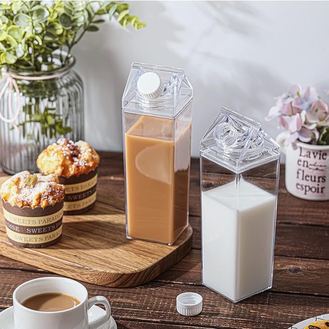 CHENGU Clear Milk Carton Water Bottle 1000 ml/ 34 Oz Portable Container Reusable Cute Plastic Milk Bottles for Juice Tea Jug Travel Camping Climbing Sports Outdoor Activities Drinking(2 Pieces)