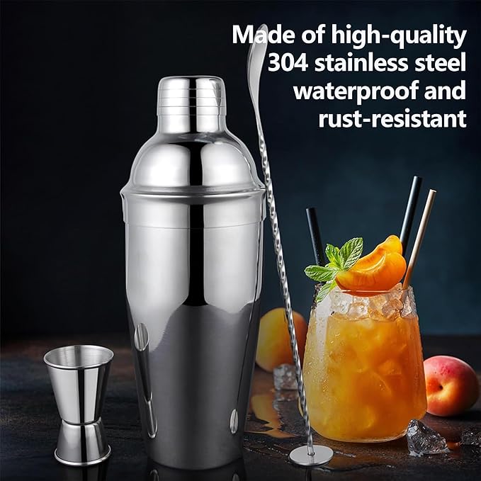 25-Piece Cocktail Shaker Set, Stainless Steel Bartender Kit with Acrylic Stand & Cocktail Recipes Booklet, Professional Bar Tools for Drink Mixing, Home, Bar, Party (Include 4 Whiskey Stones)