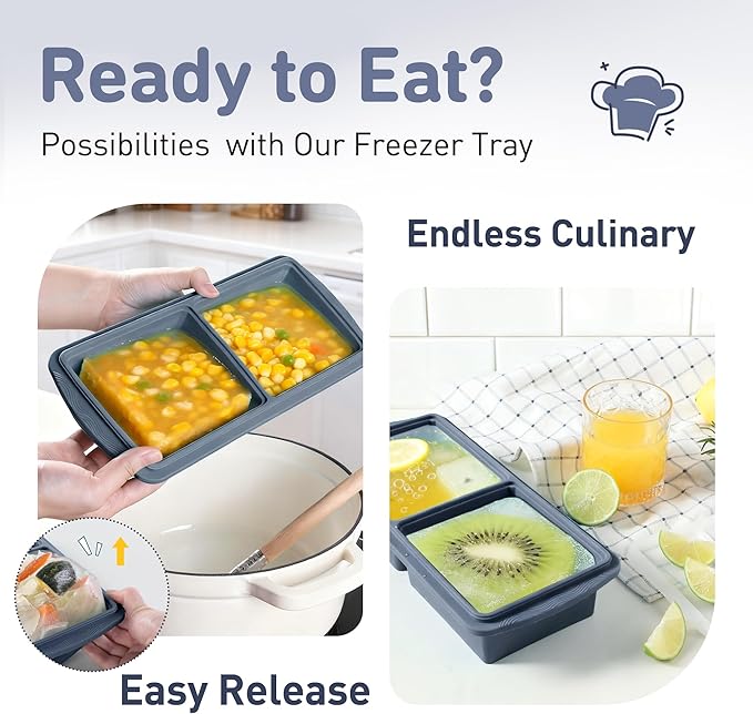 Silicone Freezer Tray with Lid Soup Freezer Container Molds with Steel Reinforced Rim Ice Cube Freezer Molds for Soup, Sauce, Leftovers, Homemade Meal Prep Containers Cooking Accessories