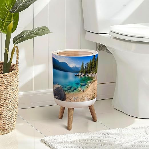 Trash Can with Lid Lake Tahoe Press Top Round Small Garbage Bin with Wooden Legs Waste Basket for Kitchen Bedroom Nursery 7L/1.8 Gallon