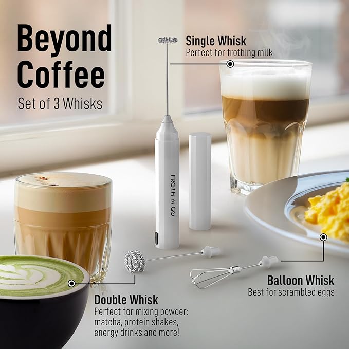 Zulay Froth N Go Milk Frother – Rechargeable 3-in-1 Handheld Frother Wand with Travel Case & USB-C Charger – Single, Double & Egg Whisk for Latte, Cappuccino, Matcha, Protein Shakes – White